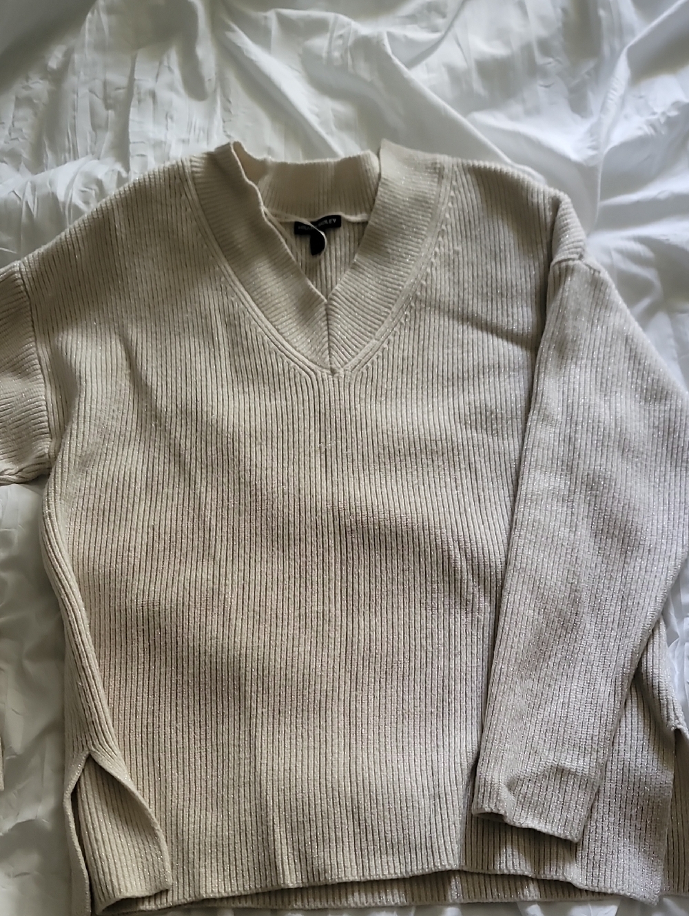 Hilary Radley Cream V-Neck Ribbed Sweater